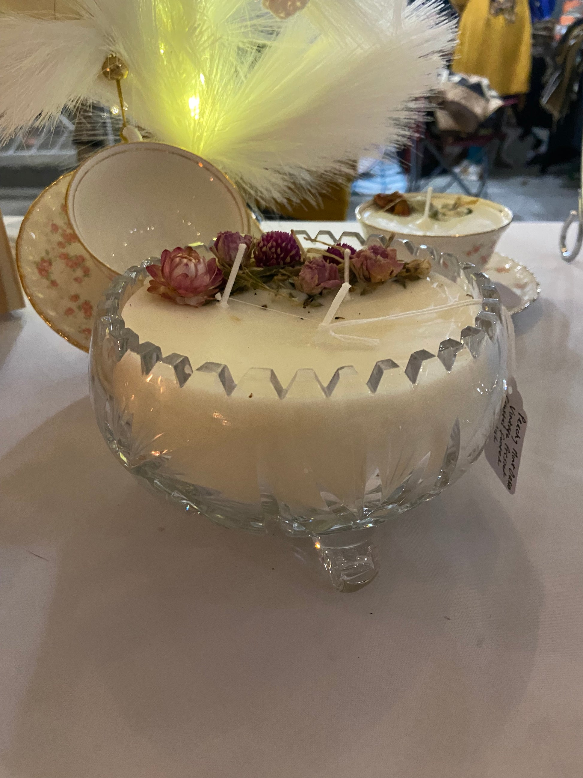 Vintage Pressed Crystal Starburst Footed Candy Dish Candle 32 oz
