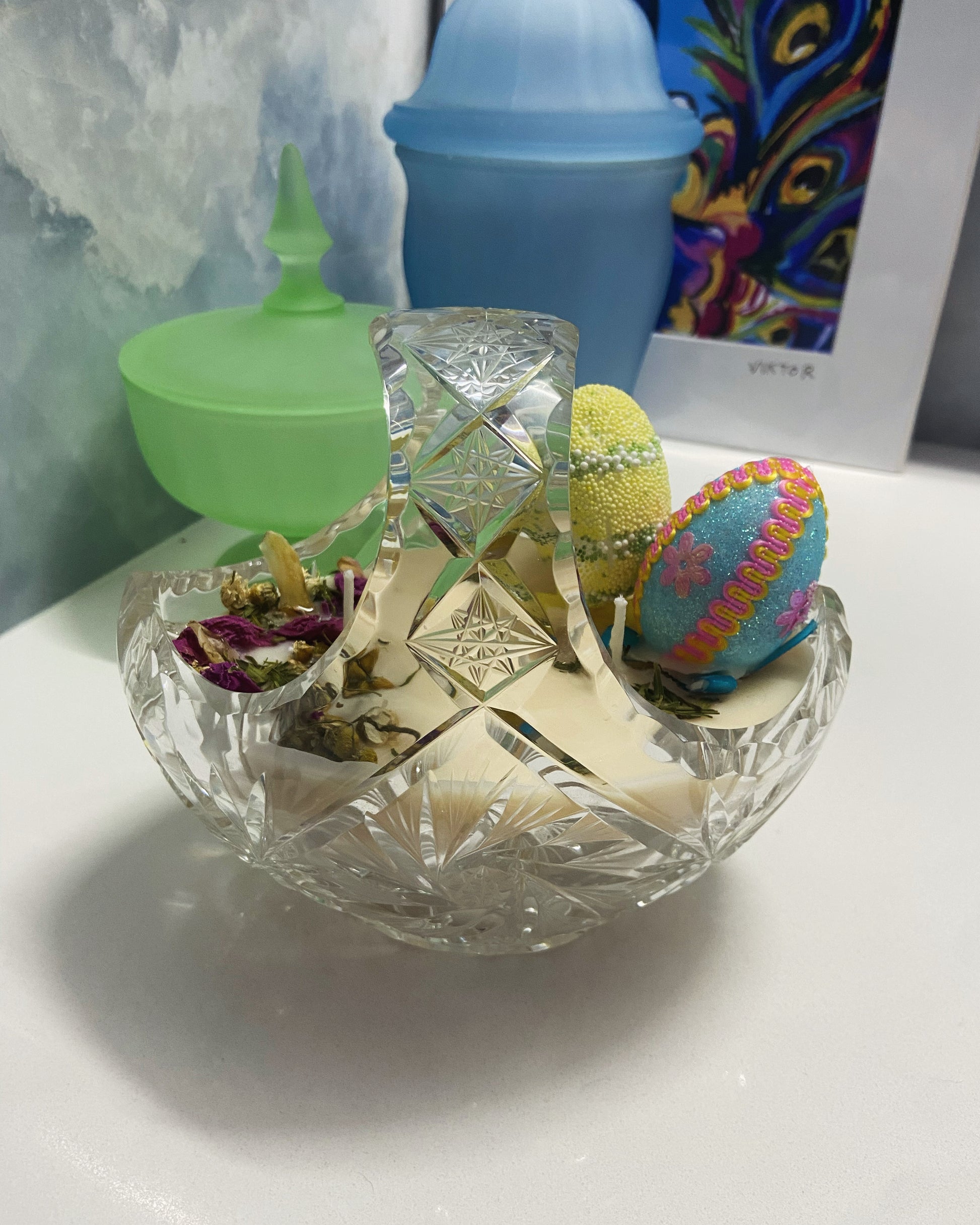 Vintage Cut Crystal “Easter Basket” 24 oz, 5-wick Candle. Vanilla Orchid