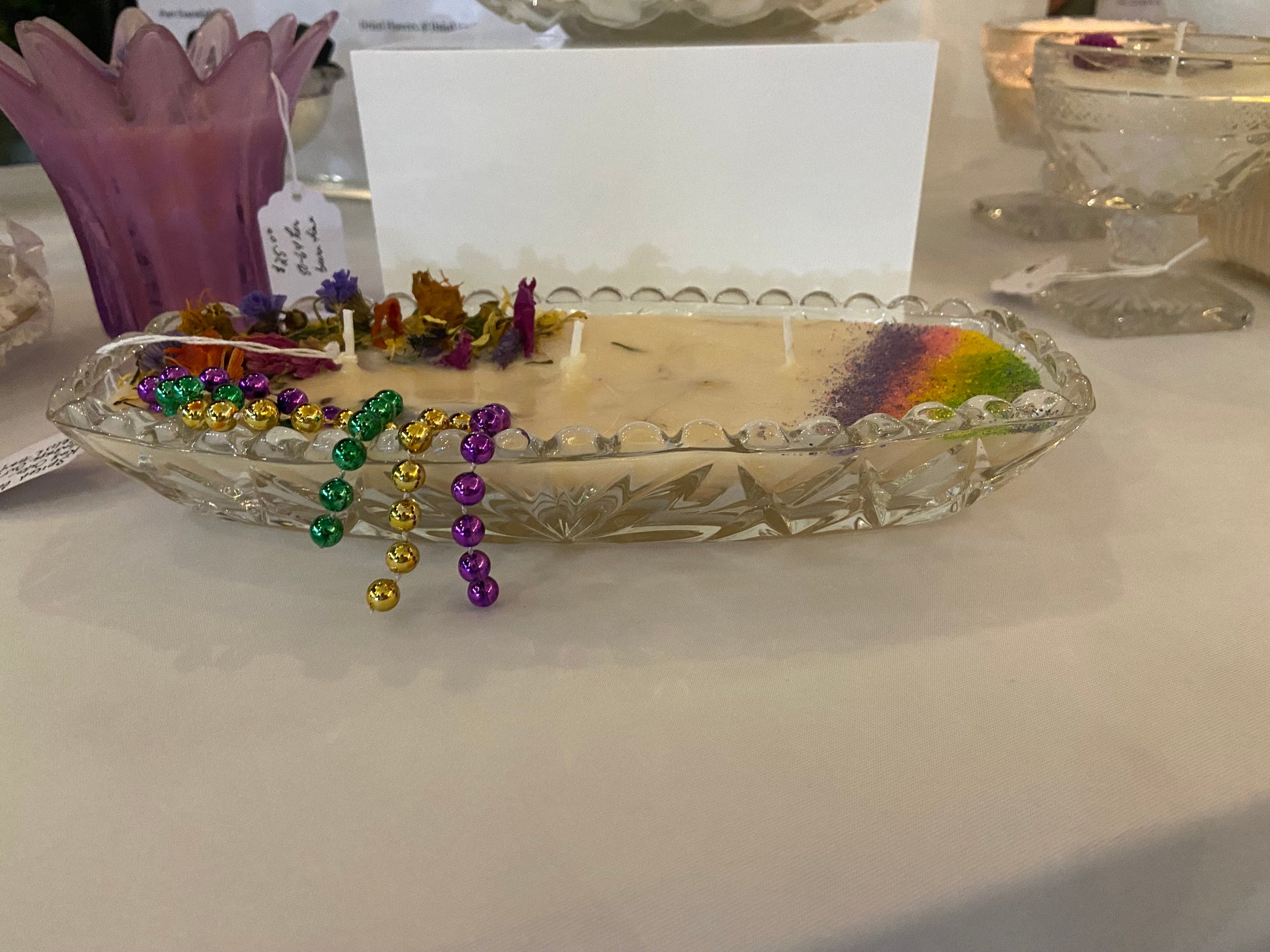 Vintage Cut Glass Cross Cut Pattern Relish Dish 8 oz “King Cake” Carnival Style Candle