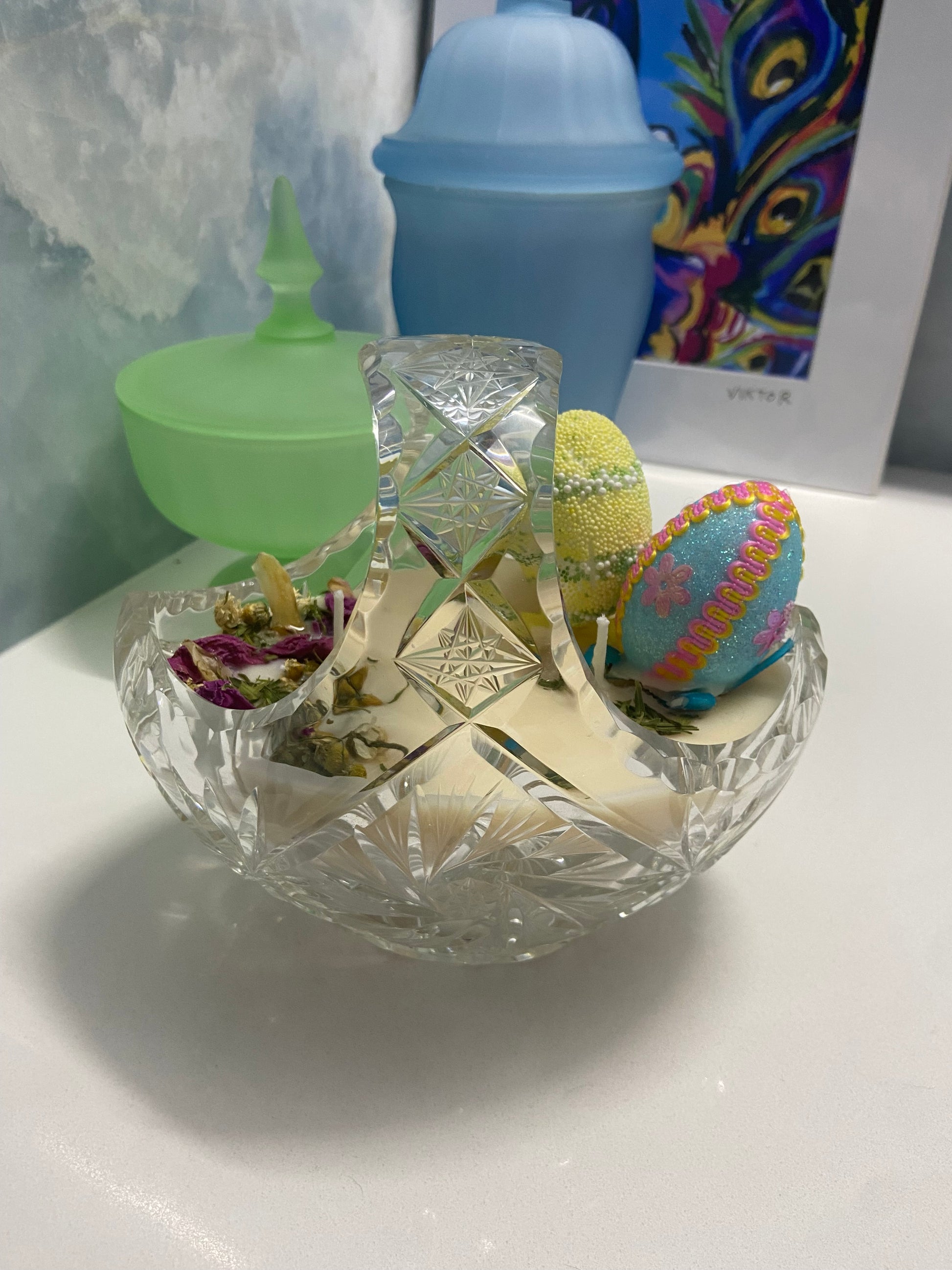 Vintage Cut Crystal “Easter Basket” 24 oz, 5-wick Candle. Vanilla Orchid