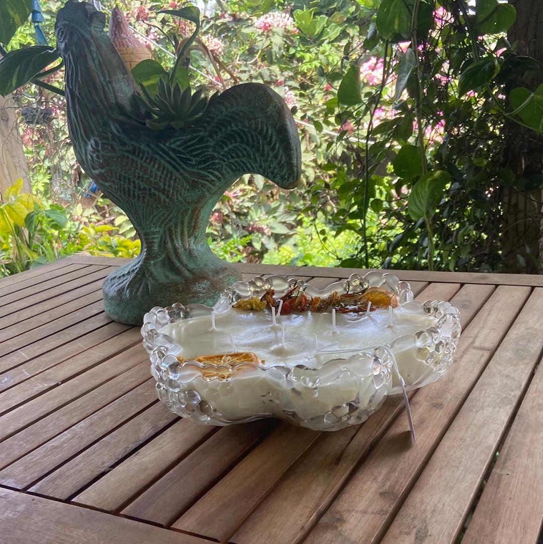 “Orange Flower Blossom” Vintage Mikasa Glass & Frosted Flower Divided Serving Bowl 56 oz