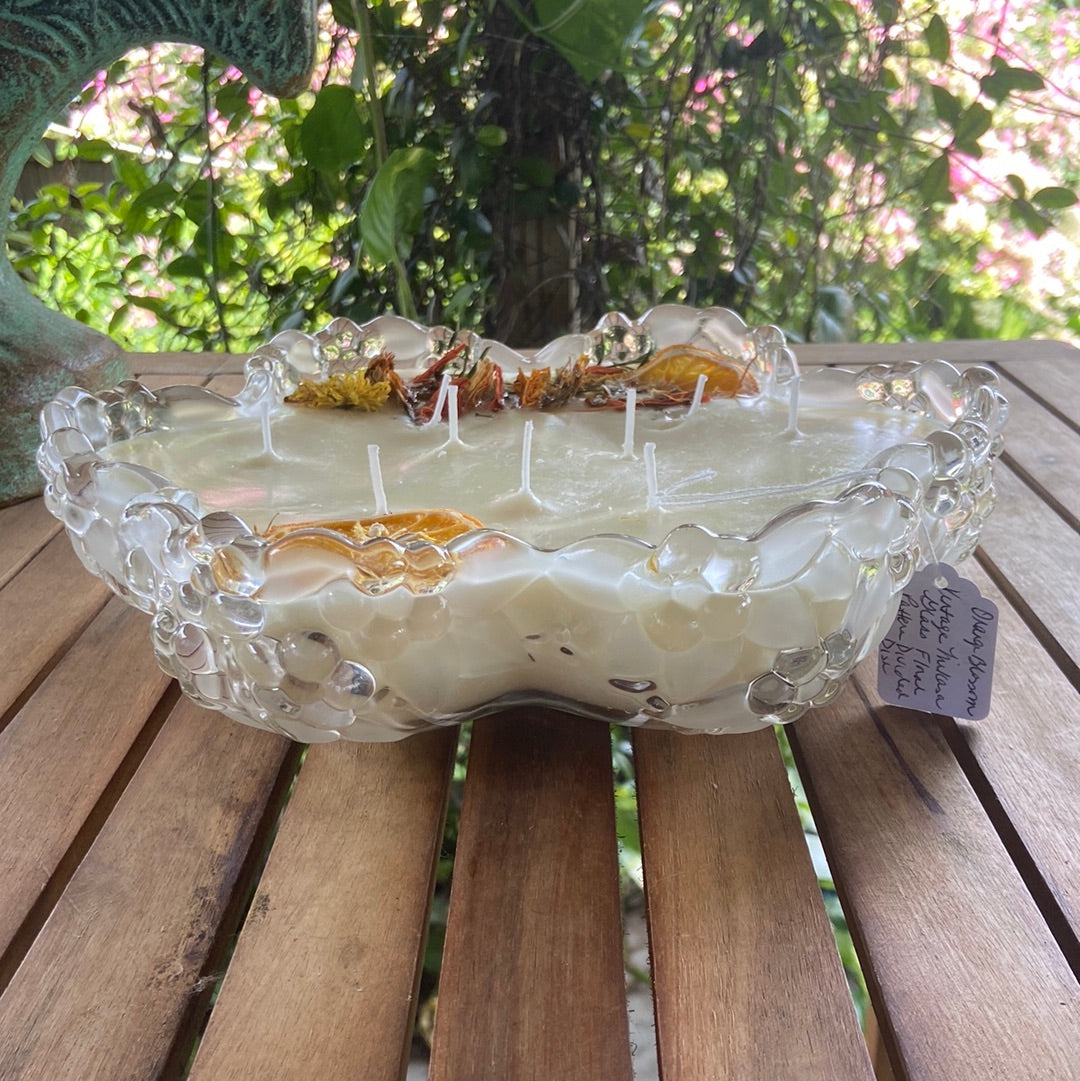 “Orange Flower Blossom” Vintage Mikasa Glass & Frosted Flower Divided Serving Bowl 56 oz