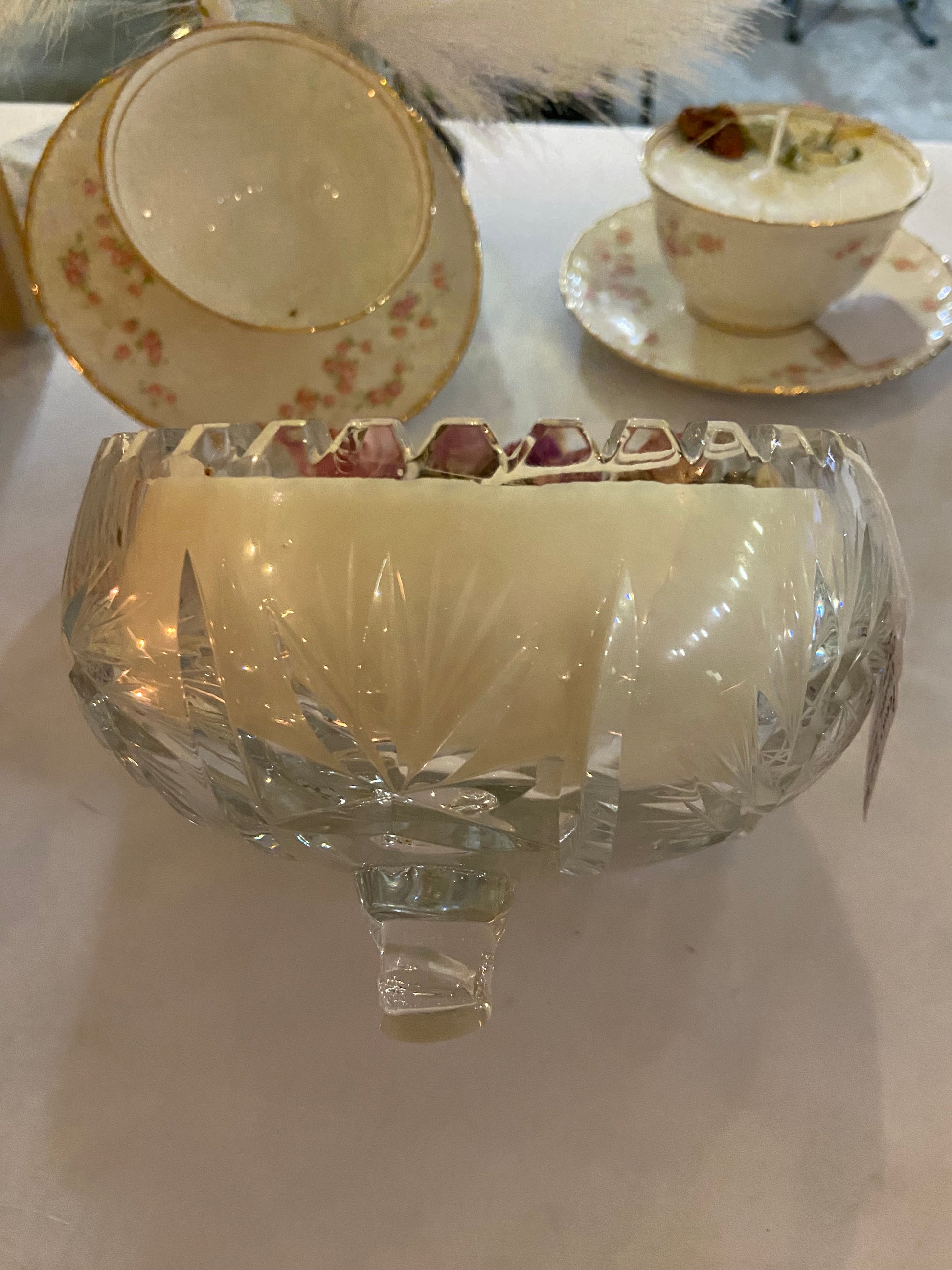 Vintage Pressed Crystal Starburst Footed Candy Dish Candle 32 oz
