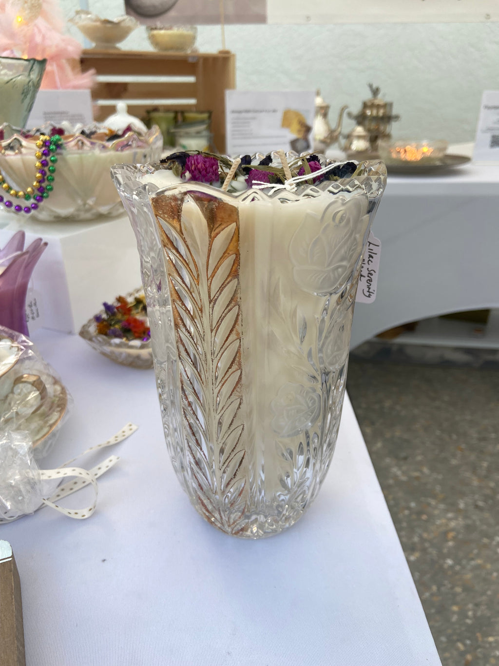 Vintage Frosted Roses & Drapes cut Crystal Case Candle - Lilac Serenity Blend. 32 oz.