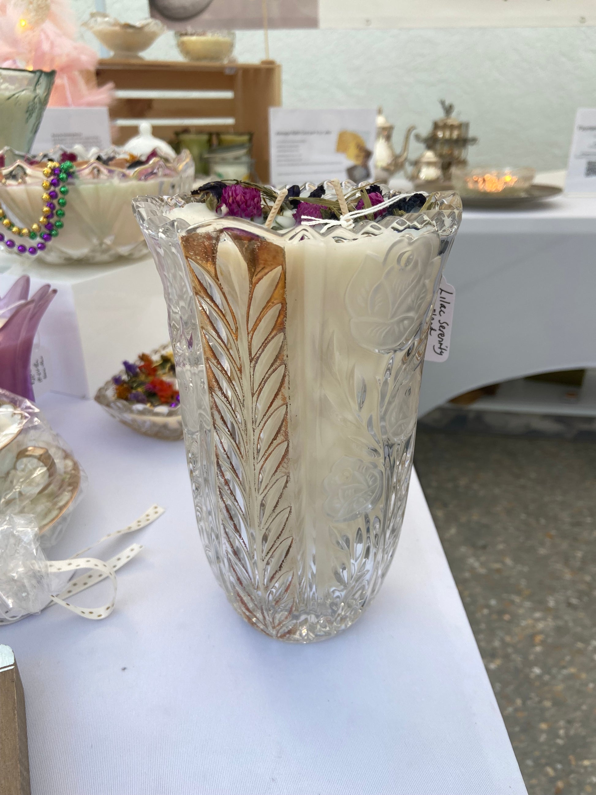 Vintage Frosted Roses & Drapes cut Crystal Case Candle - Lilac Serenity Blend. 32 oz.