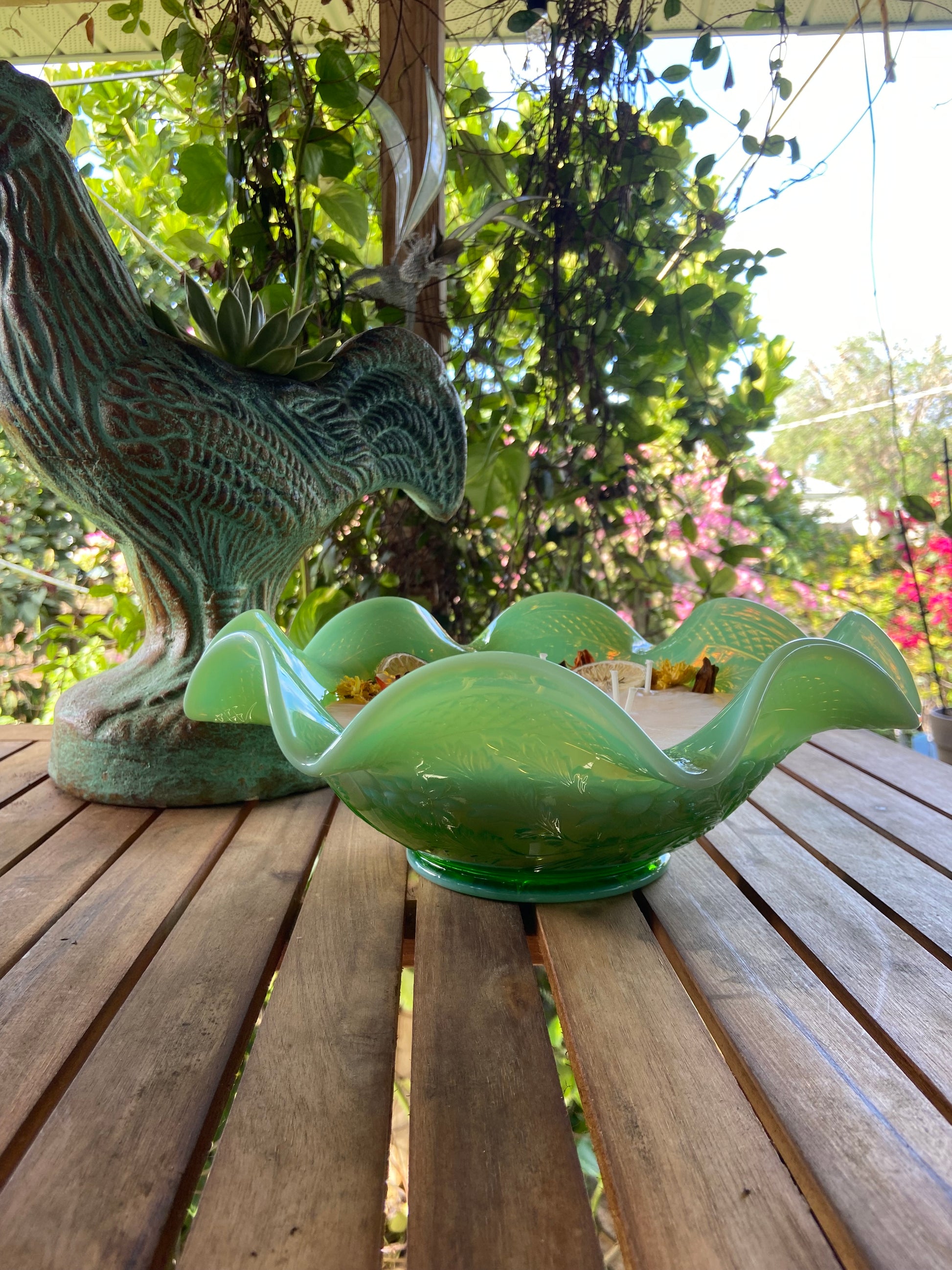 Candle of the Month : March “Ruffles & Palms” Vintage Northwood Green Glass 16 oz Candle “Coconut Lime” Fragrance