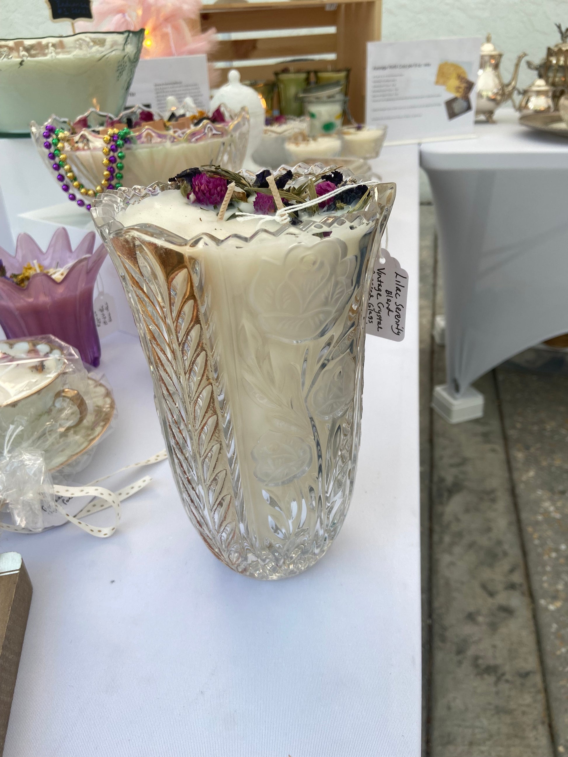 Vintage Frosted Roses & Drapes cut Crystal Case Candle - Lilac Serenity Blend. 32 oz.