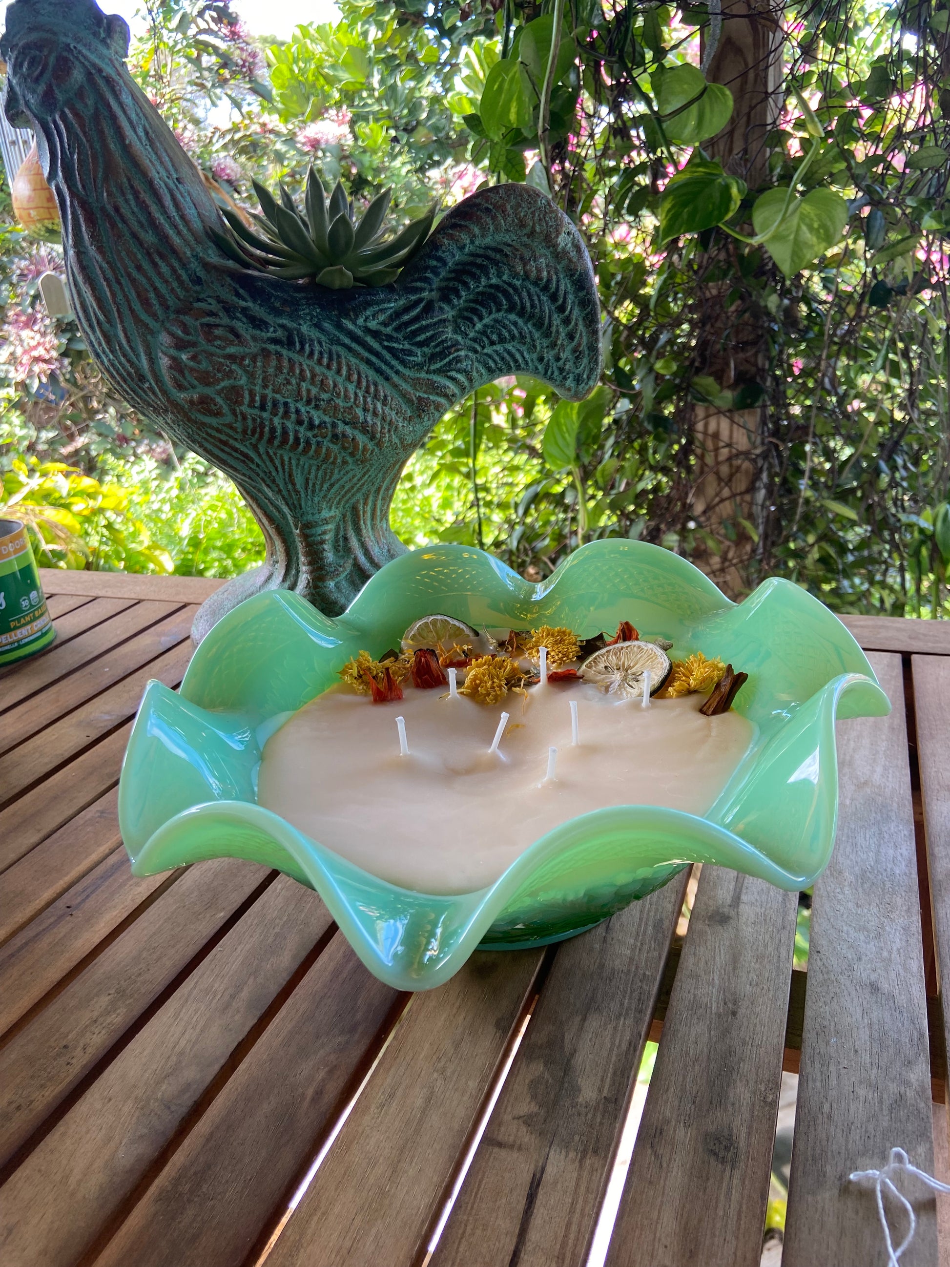Candle of the Month : March “Ruffles & Palms” Vintage Northwood Green Glass 16 oz Candle “Coconut Lime” Fragrance
