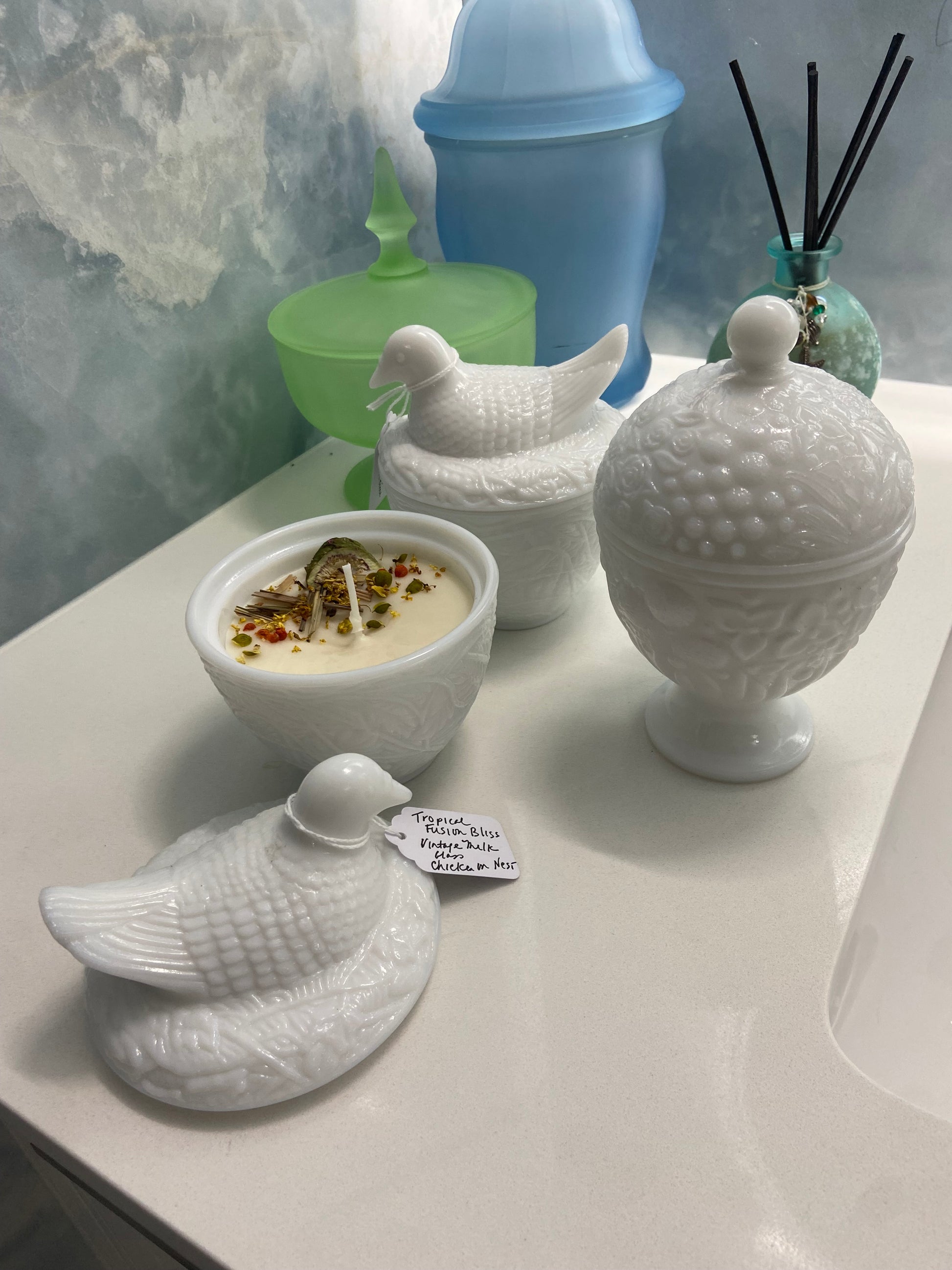 Vintage Milk Glass Hen on Nest & Floral Candy Dish Candles