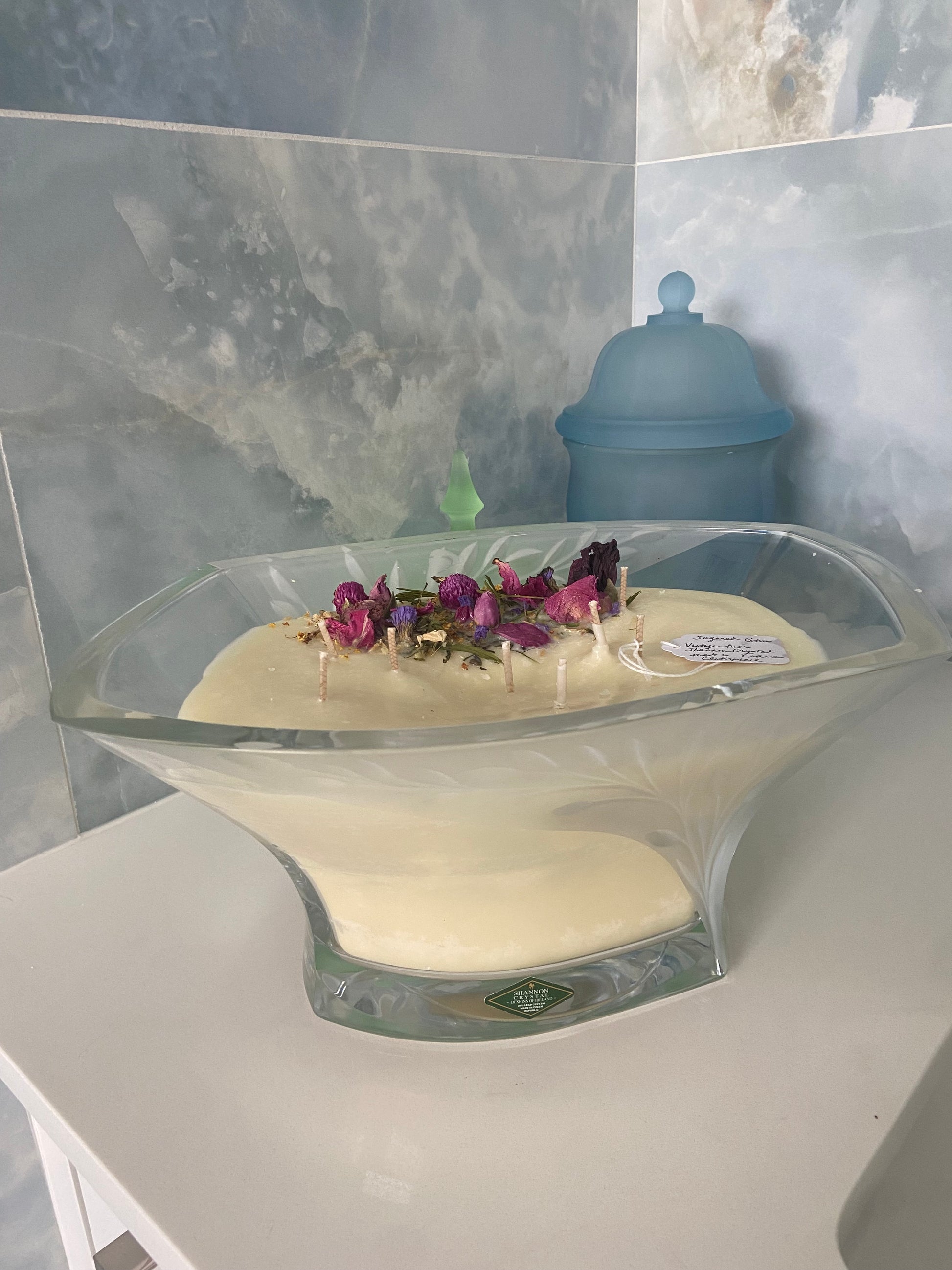 “Sweet Irish Rose”- Vintage Shannon Frosted Leaves Crystal Centerpiece 64 oz Candle