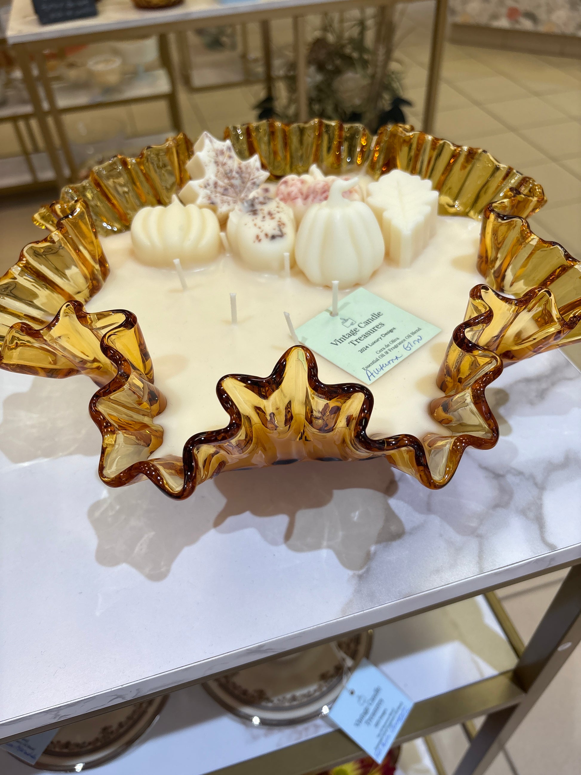 Vintage Fenton Ruffled Thumbprint Amber Glass Decorative Bowl
