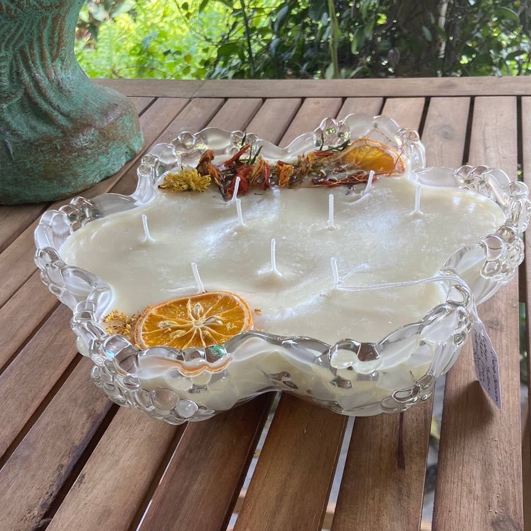 “Orange Flower Blossom” Vintage Mikasa Glass & Frosted Flower Divided Serving Bowl 56 oz