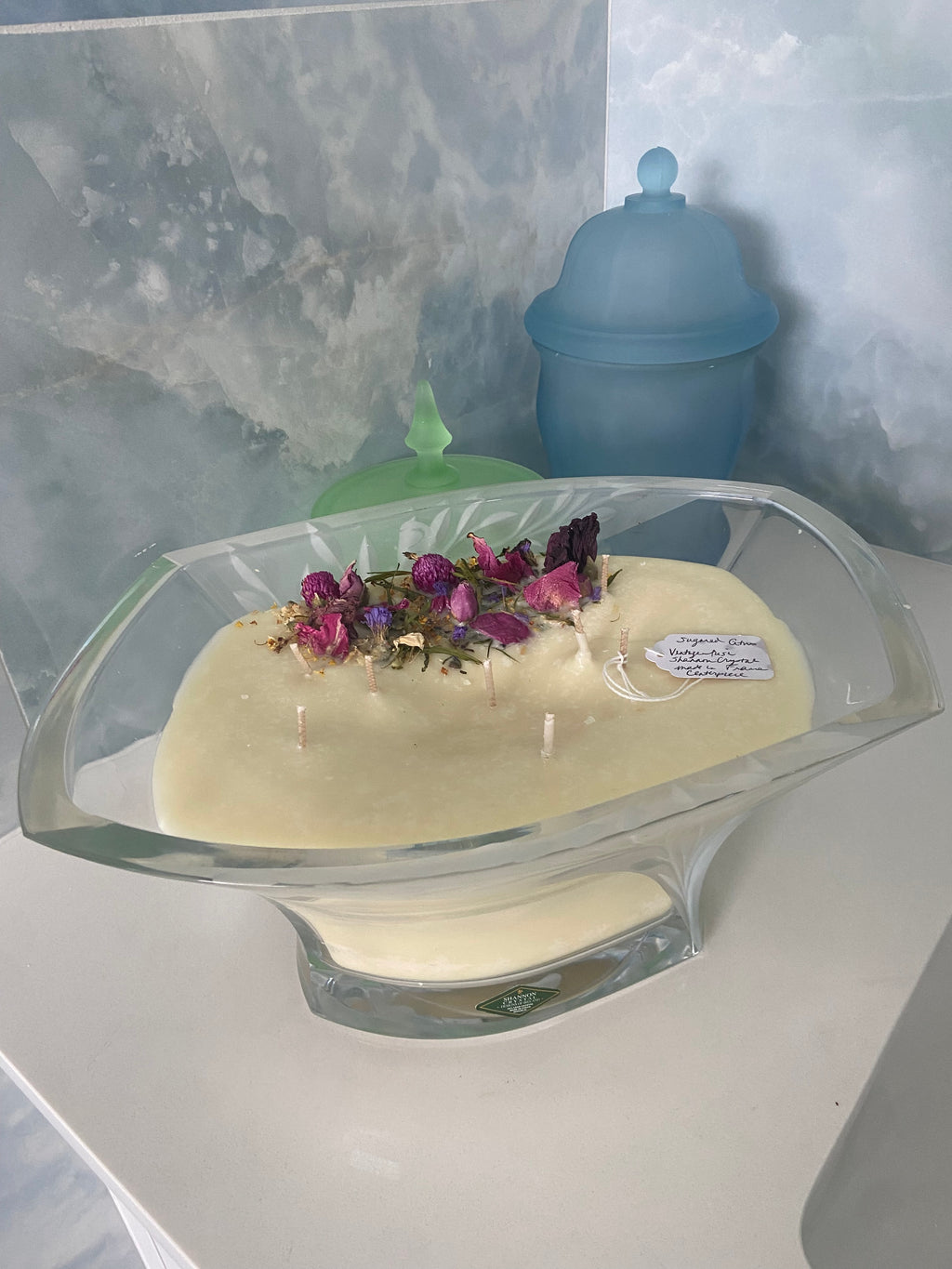“Sweet Irish Rose”- Vintage Shannon Frosted Leaves Crystal Centerpiece 64 oz Candle