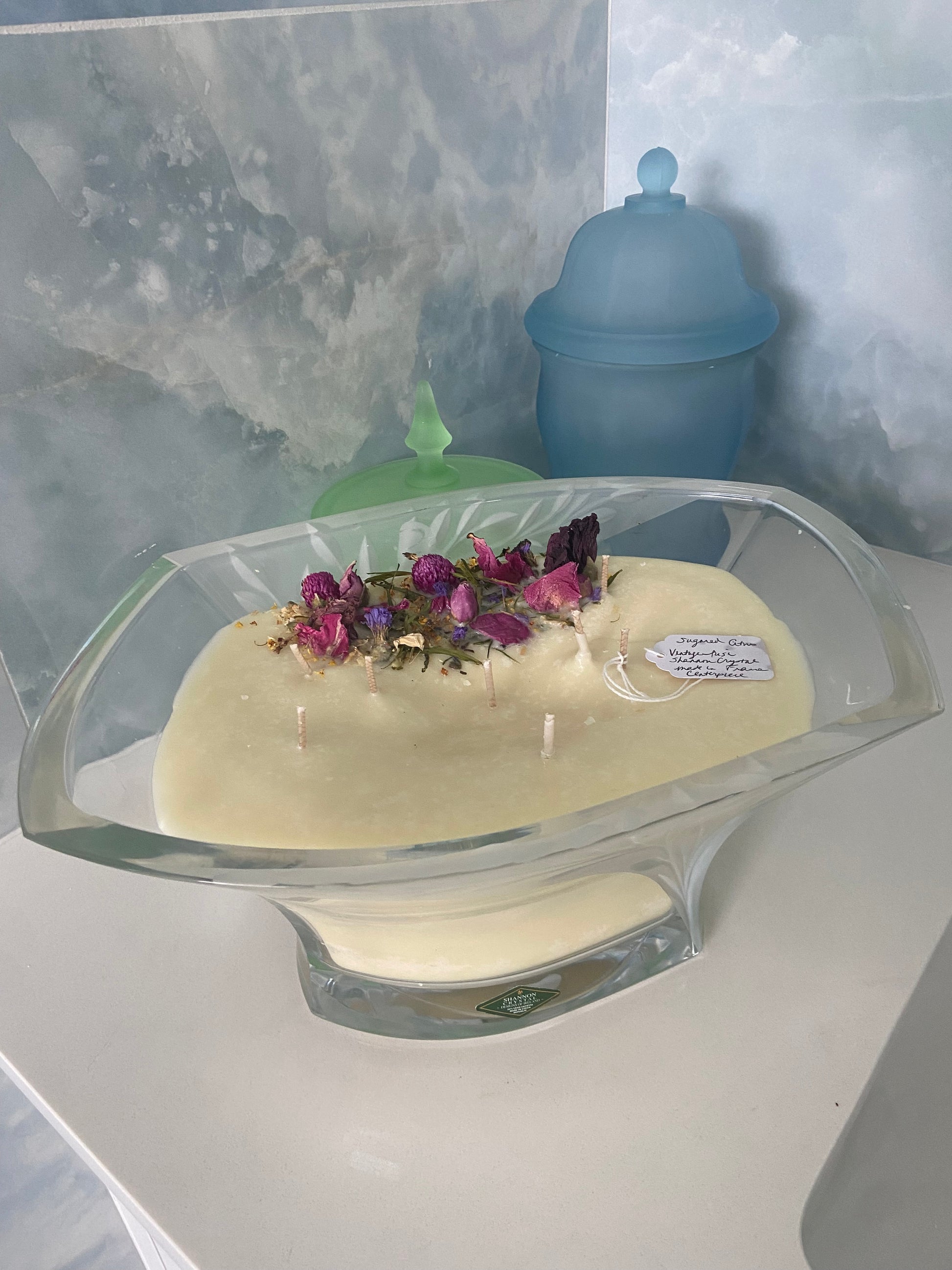 “Sweet Irish Rose”- Vintage Shannon Frosted Leaves Crystal Centerpiece 64 oz Candle