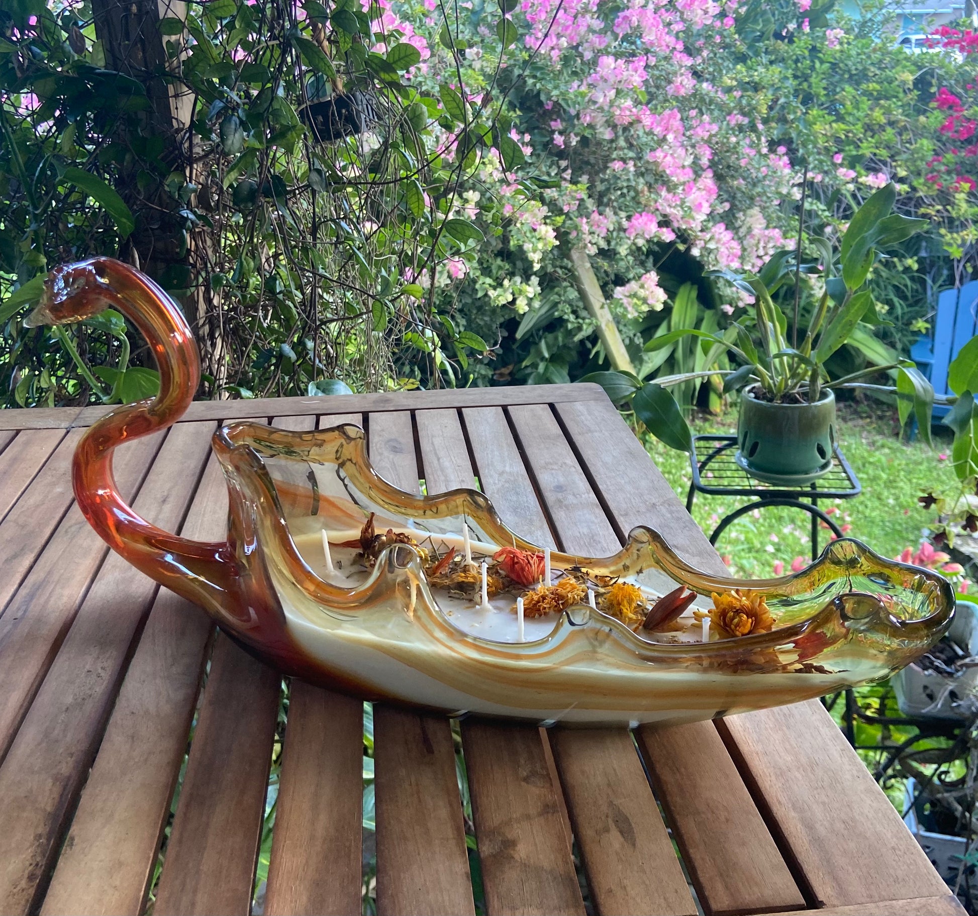 Vintage Candle Treasures April Candle of the Month “Swan Lake” Vintage MCM Sooner Orange Slag Glass Candy Dish 16 oz Candle