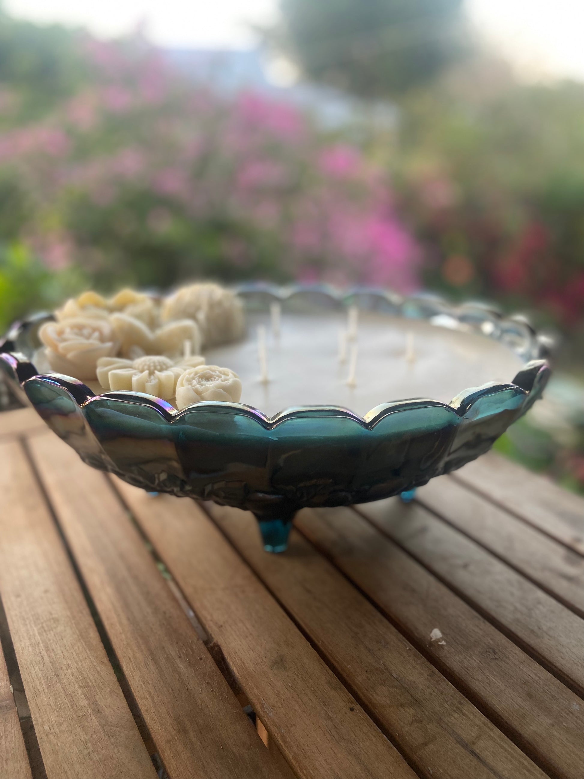Iridescent Blue Carnival Glass Harvest pattern - oval bowl