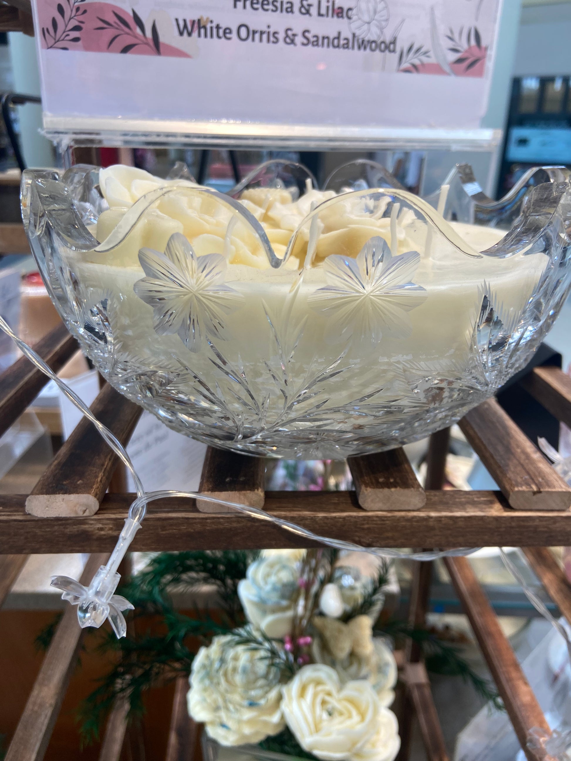 Vintage Diamond Cut Crystal Bowl with Sunflowers & Daisies