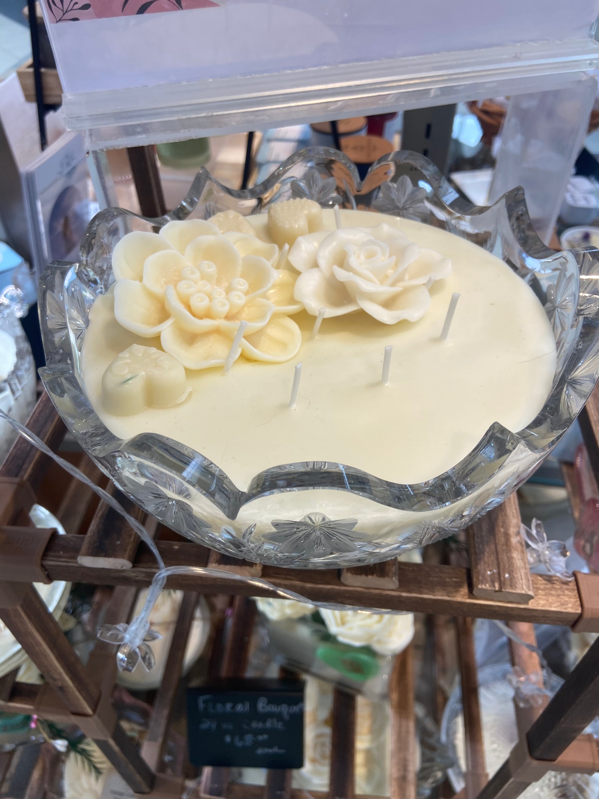 Vintage Diamond Cut Crystal Bowl with Sunflowers & Daisies